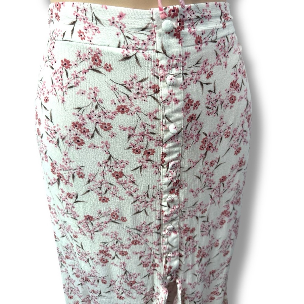 Lulus Pink Floral Ruffle Hem Midi Open Front Prairie Fairy Skirt sz L - Picture 3 of 8